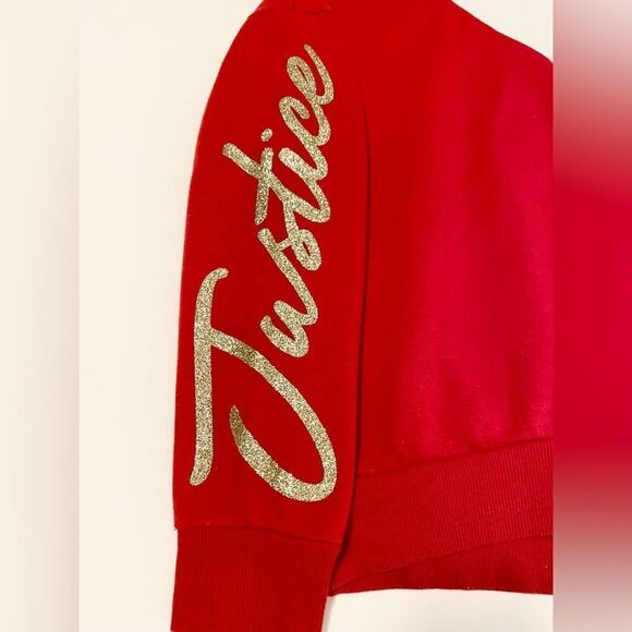 Justice red and white hoodie with “Justice” gold glitter logo. Size XL (16/18) - Picture 6 of 8